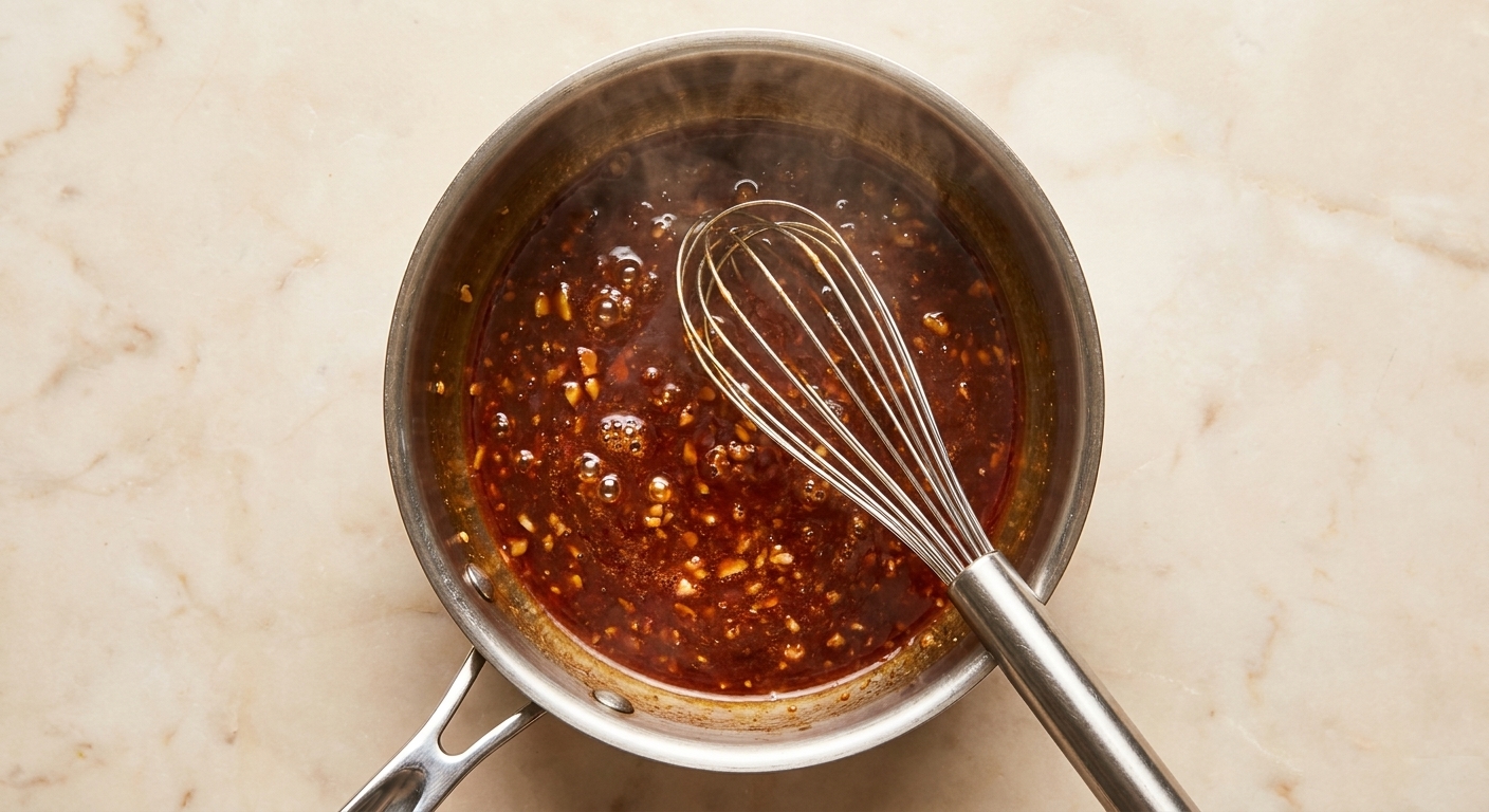 A small saucepan of glossy soy-garlic-ginger sauce simmering with a whisk resting inside
