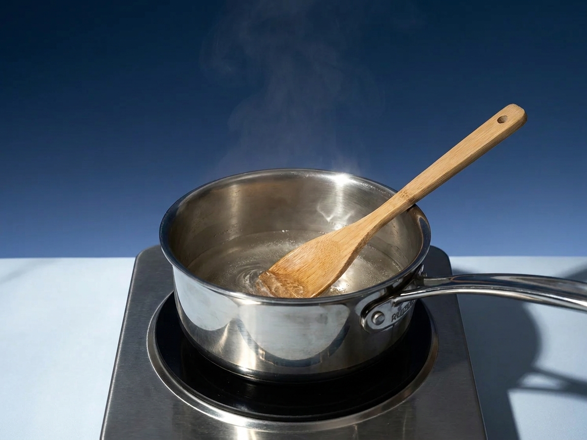 A small saucepan on the stove with clear dissolved sugar syrup being stirred gently