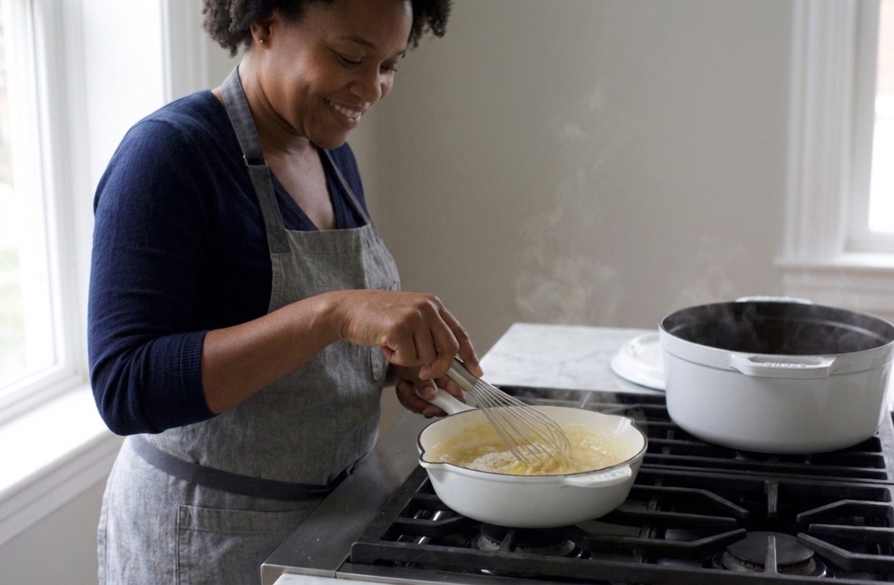 A small saucepan with butter and flour being whisked into a smooth roux on a stovetop