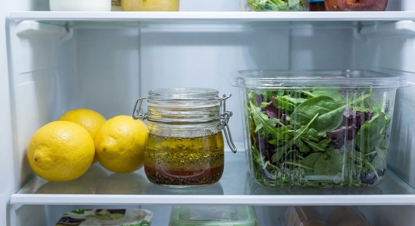 A small sealed jar of homemade salad dressing sitting on a refrigerator shelf next to fresh lemons and a container of greens