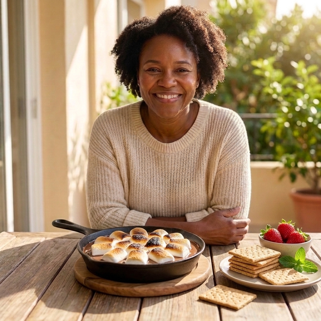 A small skillet filled with melted chocolate and warm marshmallows served with graham crackers
