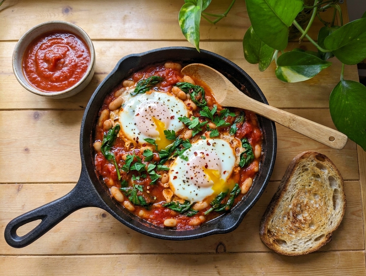 A small skillet with eggs cooked over white beans and spinach in a tomato sauce