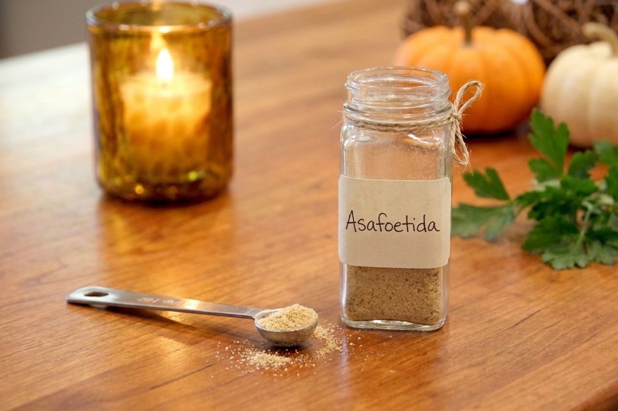 A small spice jar labeled asafoetida on a countertop beside a measuring spoon with a tiny pinch of powder