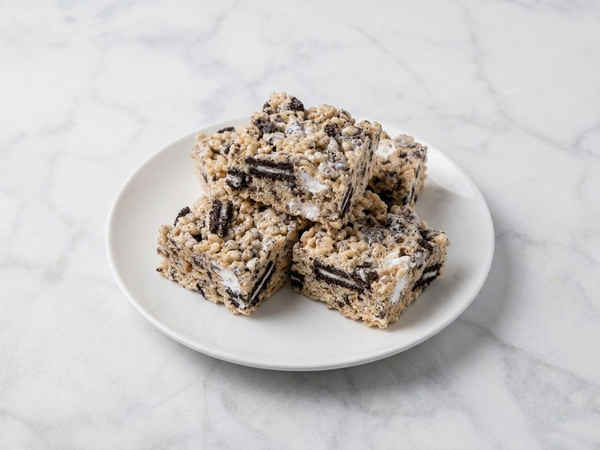 A small stack of gooey Rice Krispie treat squares on a white plate on a kitchen table