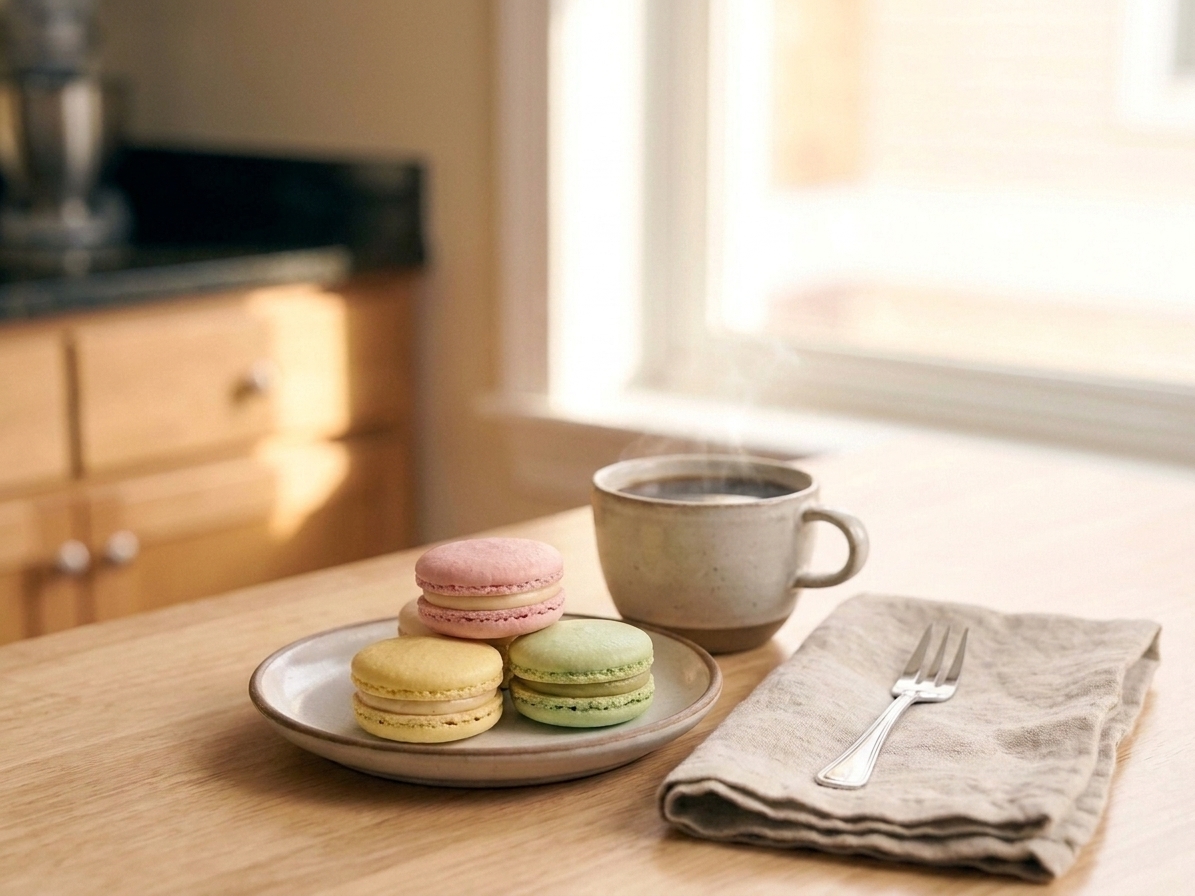A small stack of macarons next to a cup of coffee on a cozy table setting with natural window light
