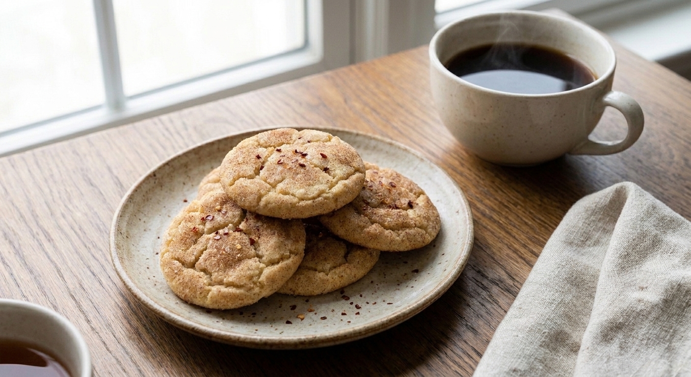 A small stack of sweet and spicy sugar cookies on a plate next to a mug of coffee