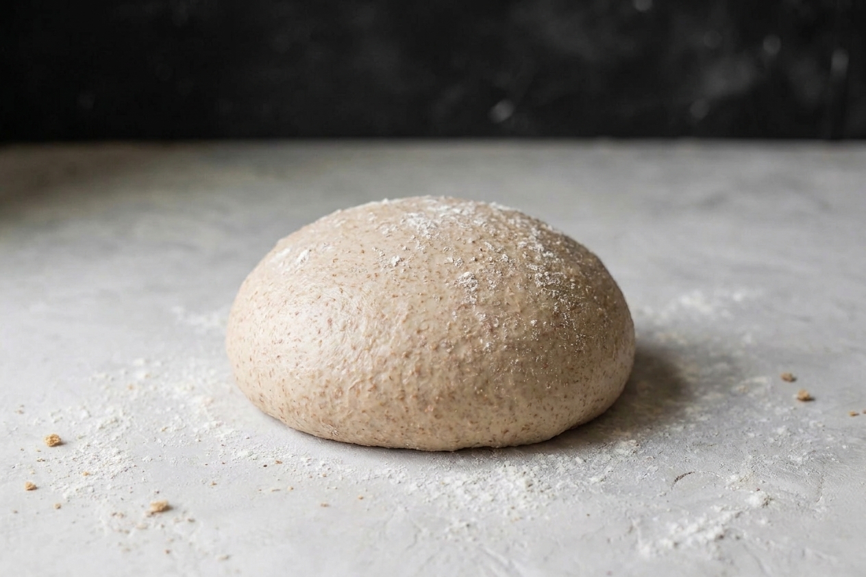 A smooth, slightly tacky ball of whole wheat dough resting on a lightly floured counter