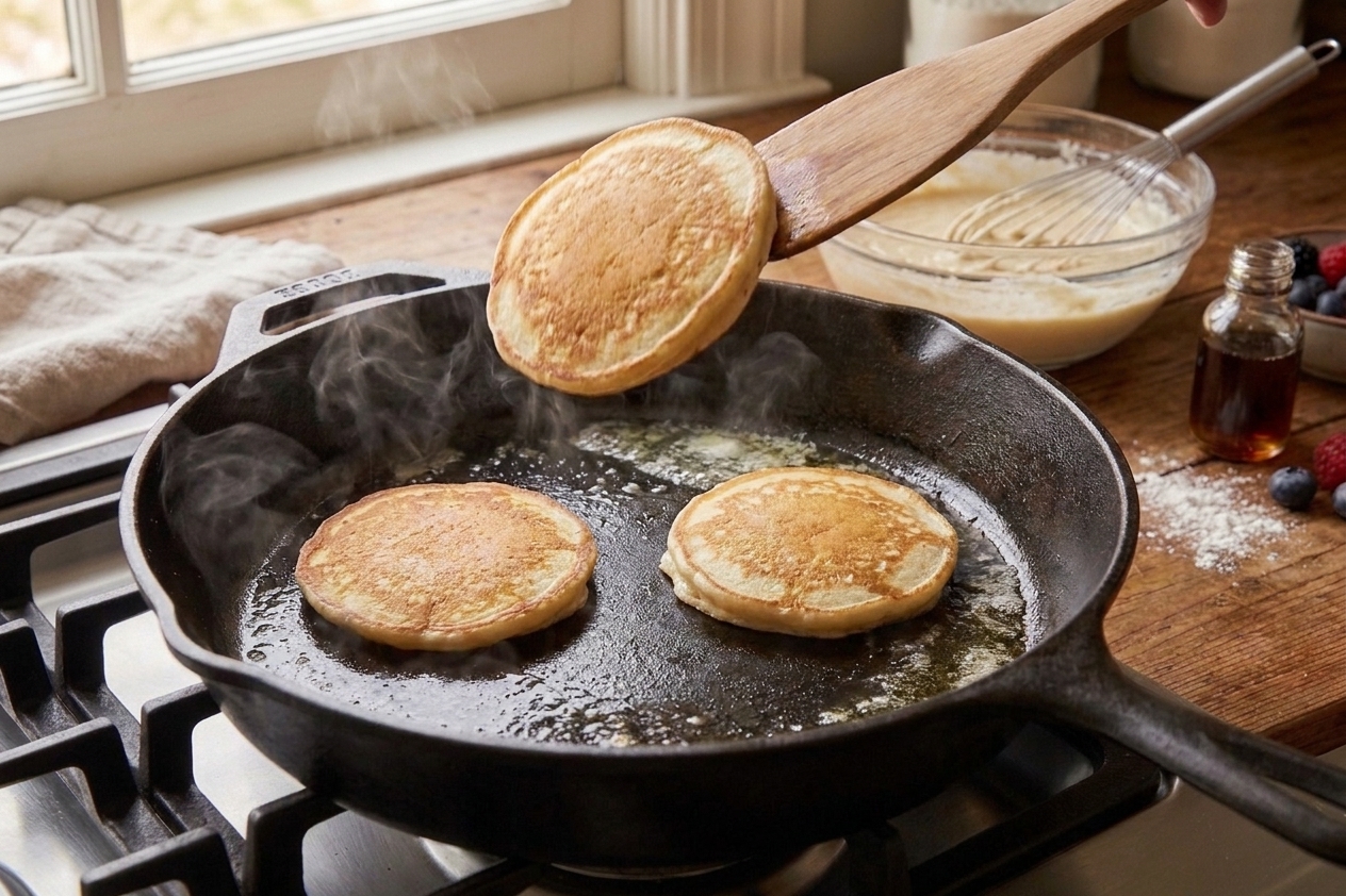 A spatula flipping a pancake mid-air above a skillet with other pancakes cooking nearby