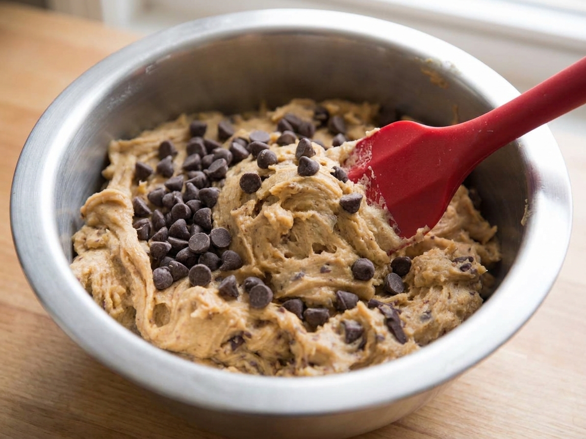 A spatula folding chocolate chips into thick cookie dough in a metal mixing bowl