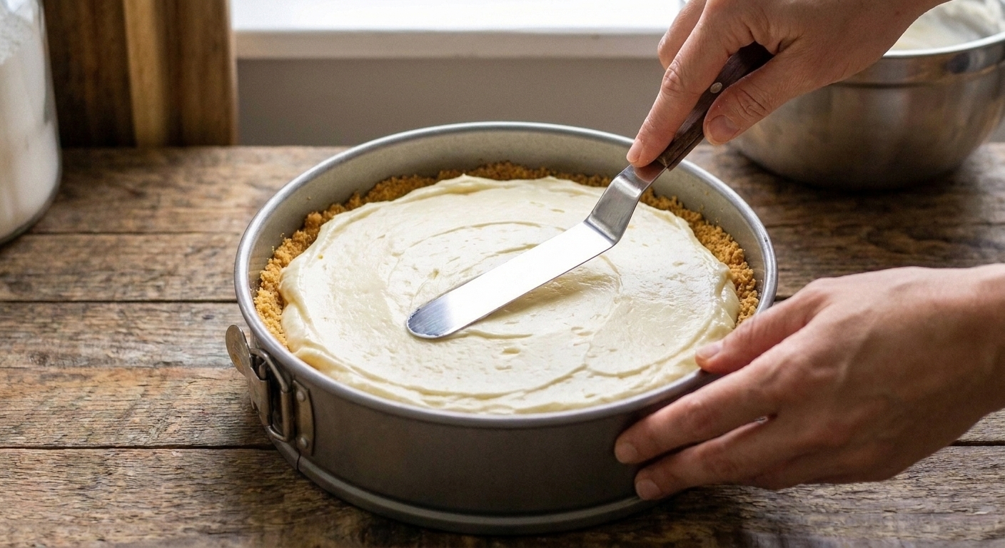 A spatula smoothing a pale lemon cheesecake filling in a springform pan