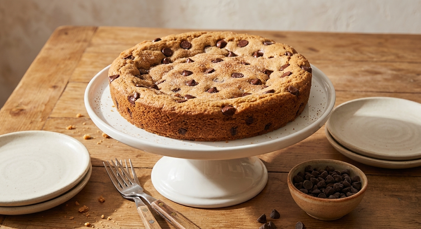 A spiced chocolate chip cookie cake on a cake stand set on a cozy dining table with plates, forks, and a small bowl of chocolate chips nearby