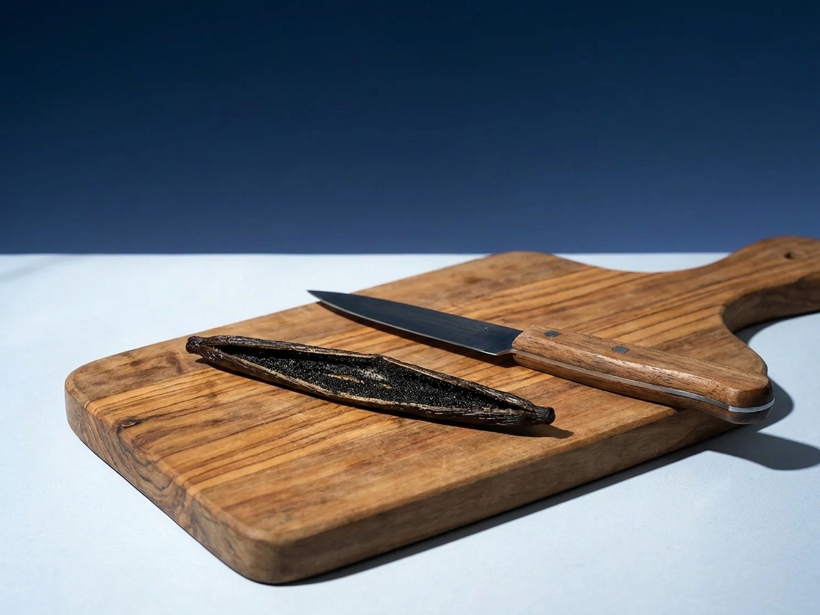 A split vanilla bean with visible seeds next to a paring knife on a wooden cutting board