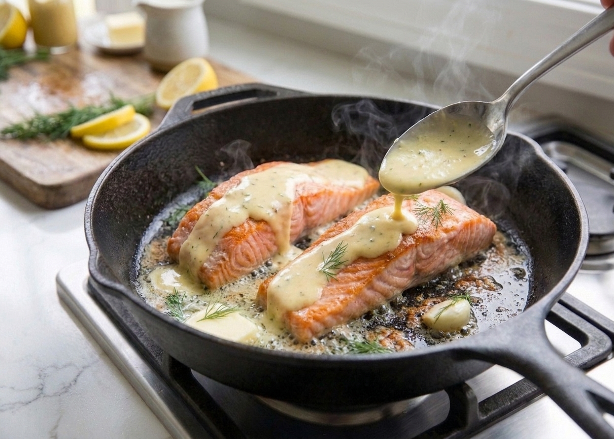 A spoon drizzling light creamy lemon herb sauce over seared salmon fillets in a skillet