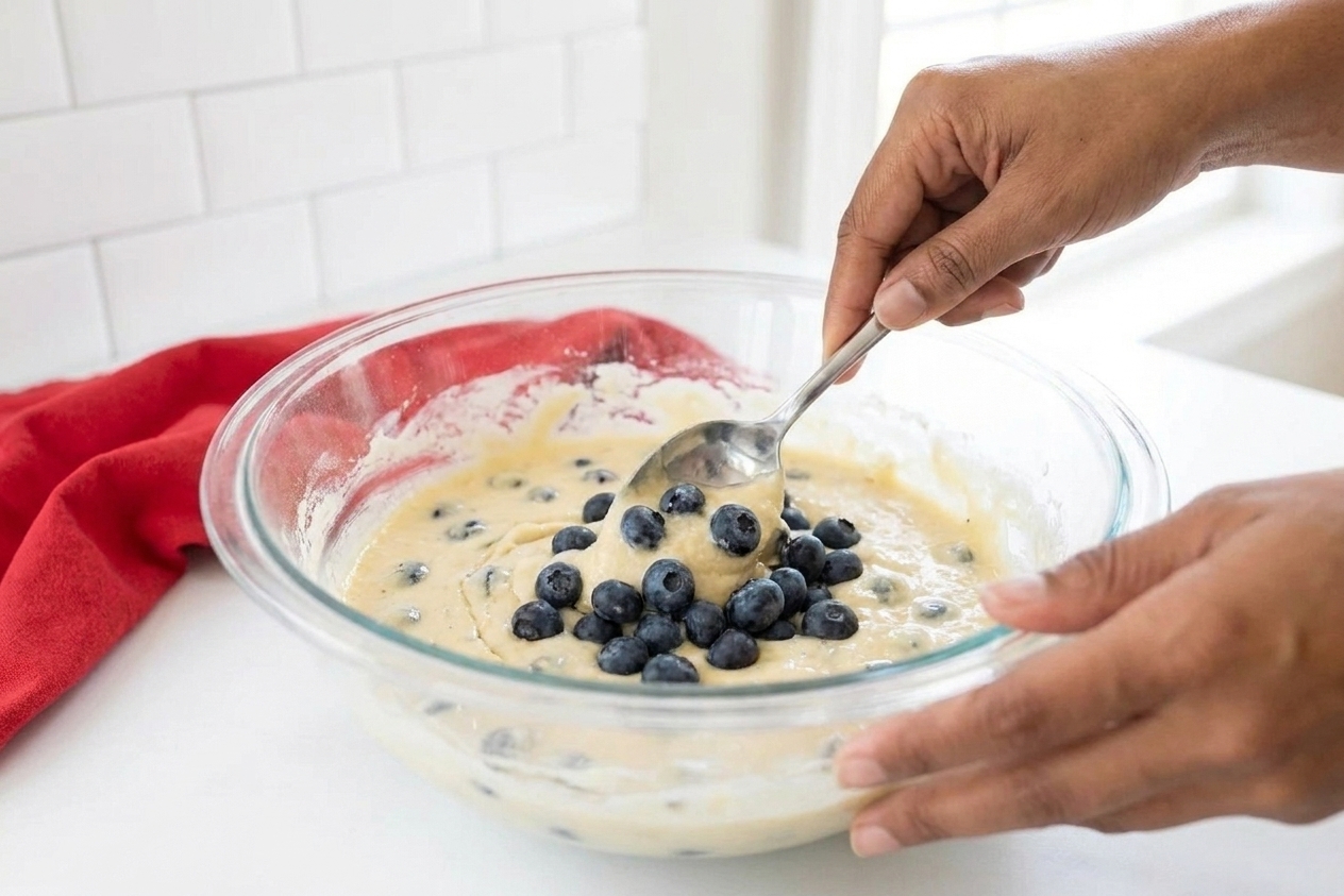A spoon folding fresh blueberries into pancake batter in a mixing bowl on a kitchen counter