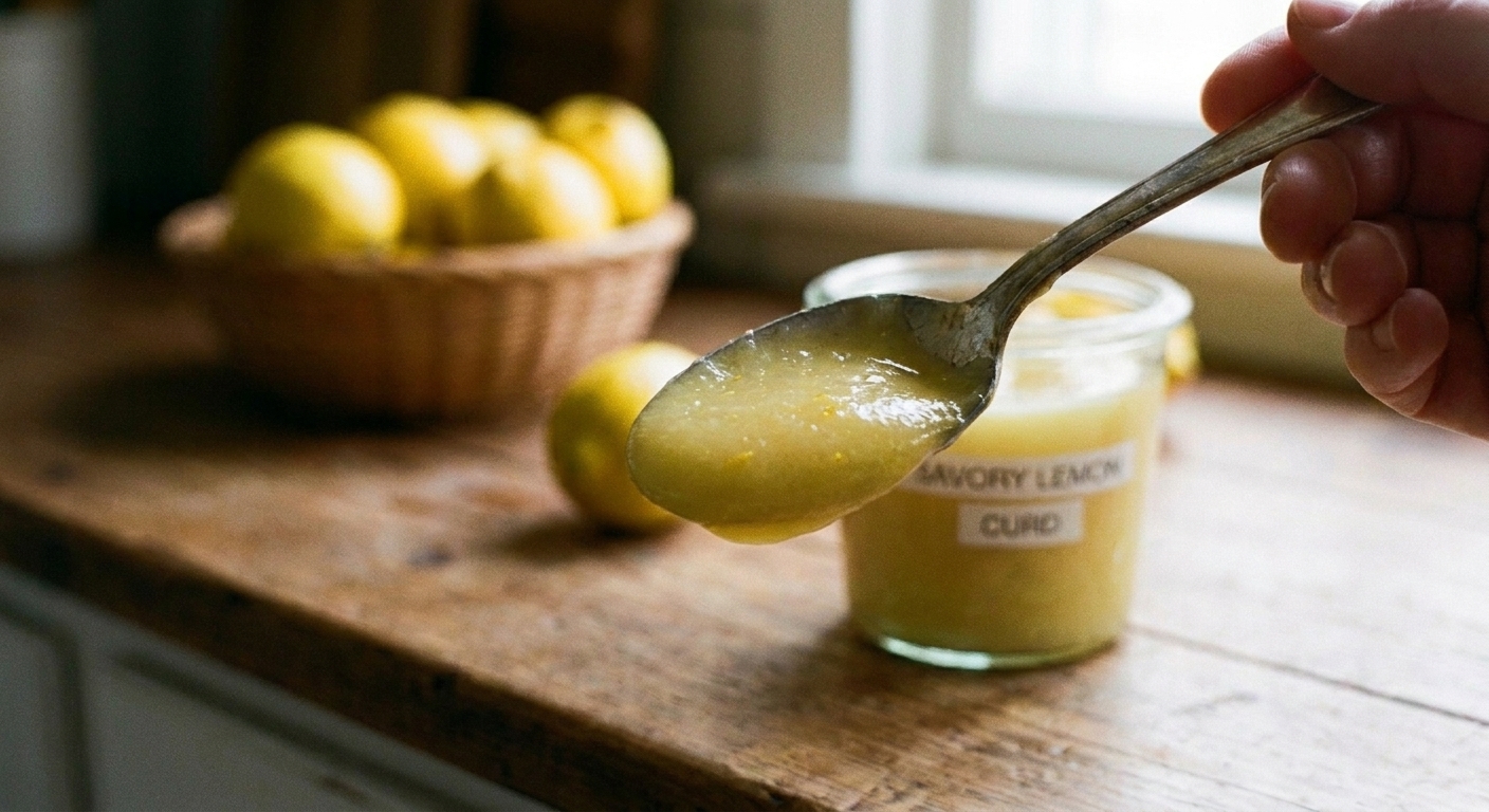 A spoon holding glossy savory lemon curd with a softly blurred kitchen background