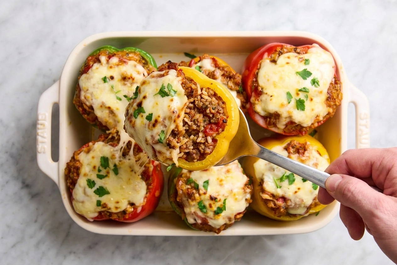A spoon lifting a cheesy stuffed bell pepper from a baking dish, showing the beef and rice filling inside