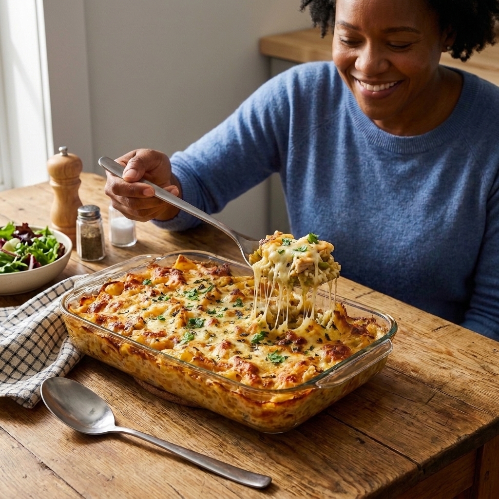 A spoon lifting a portion of green chile chicken and rice casserole with melted cheese stretching from the dish