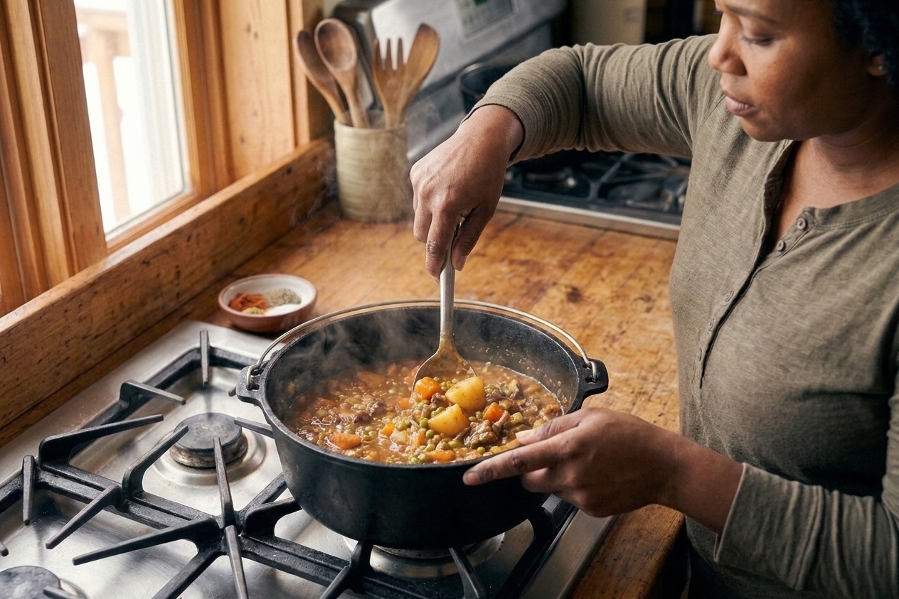 A spoon mashing tender potato chunks against the side of a stew pot to thicken the broth