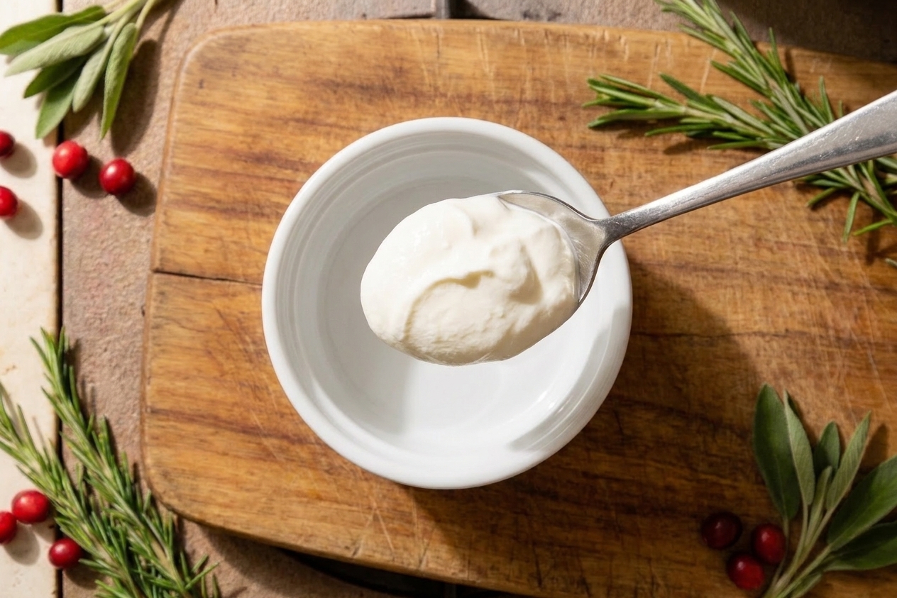 A spoonful of sour cream held above a small ramekin on a wooden cutting board