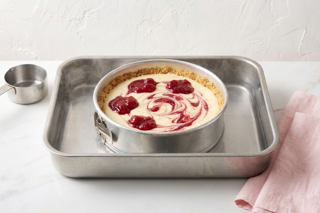A springform pan sitting in a roasting pan filled halfway with hot water, ready for baking a cheesecake in a water bath