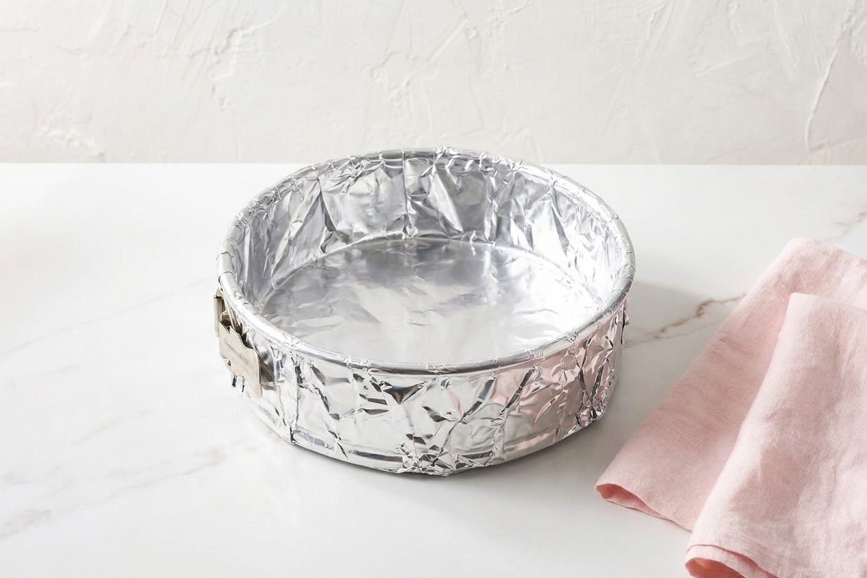 A springform pan wrapped tightly in heavy-duty foil on a kitchen counter, prepared for a water bath