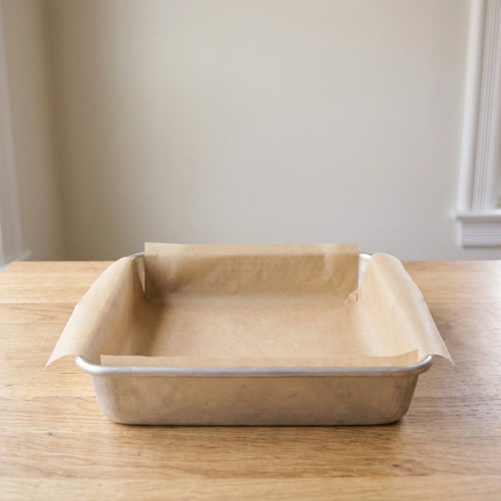 A square baking pan lined with parchment paper with neatly folded corners