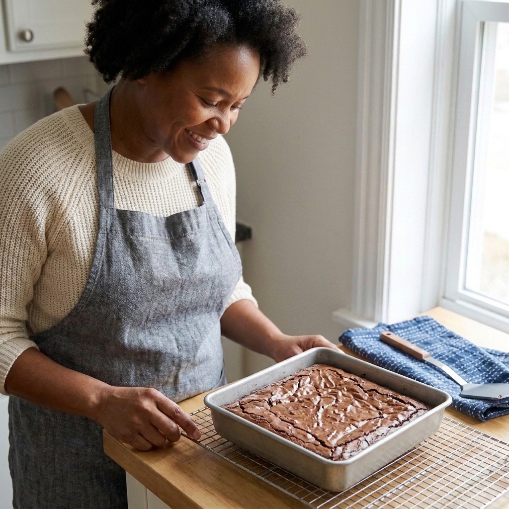 A square pan of brownies cooling on a wire rack with a thin crackly top and slightly pulled edges