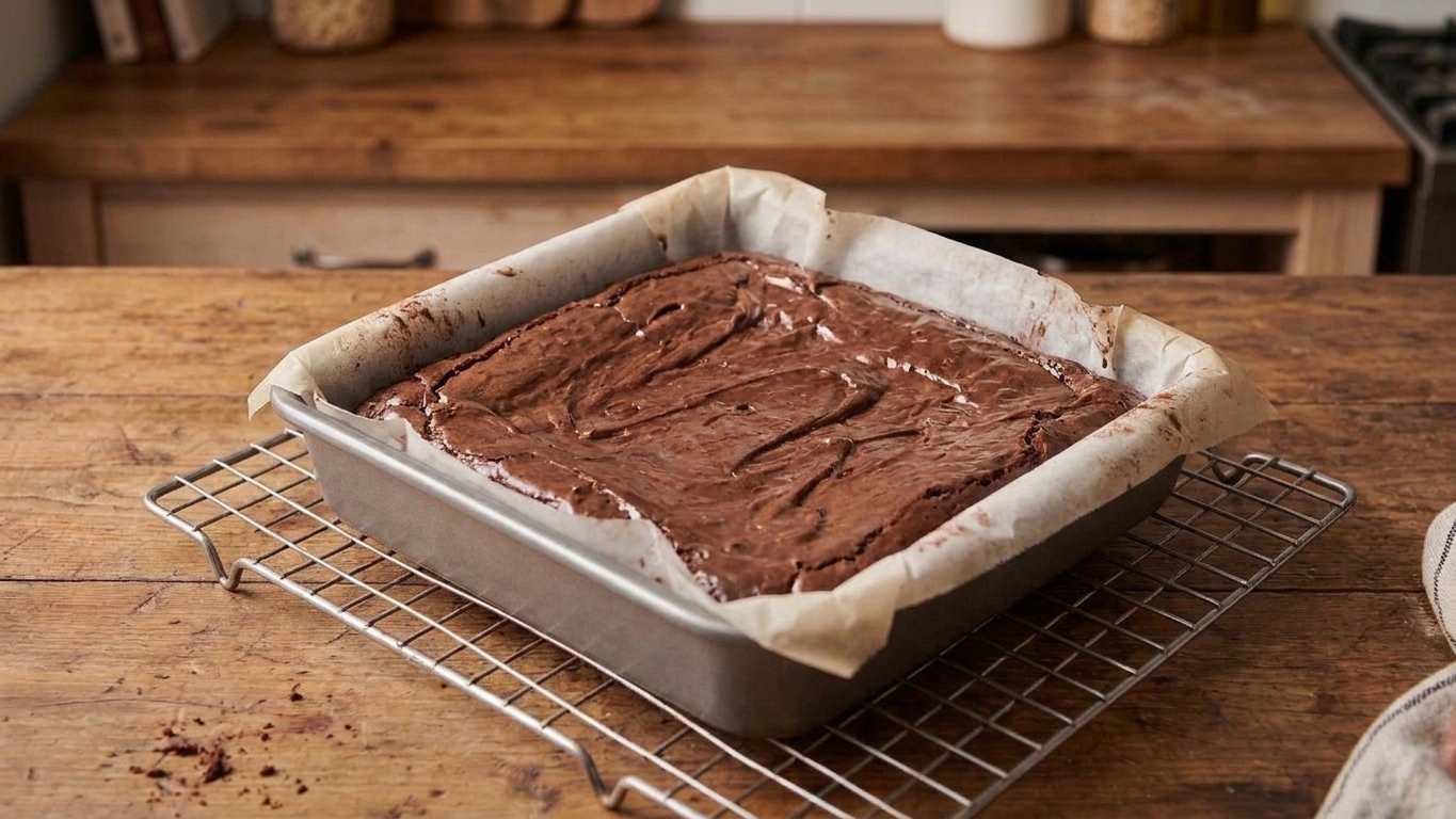 A square pan of freshly baked brownies with a shiny, crackly top resting on a cooling rack