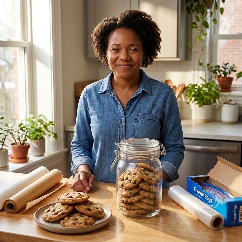 A stack of chocolate chip cookies in an airtight container on a kitchen counter with a few cookies on a small plate