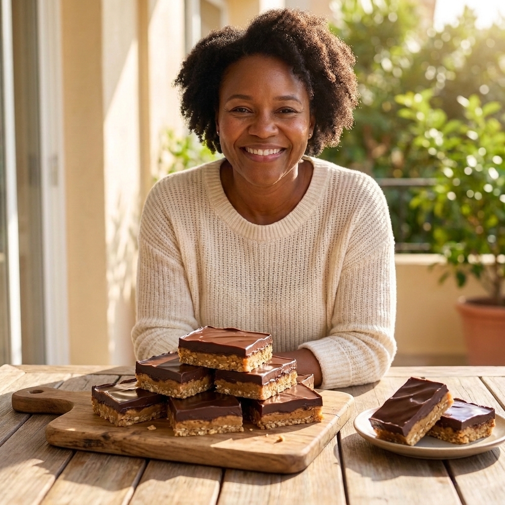 A stack of chocolate peanut butter no-bake bars with a glossy chocolate top
