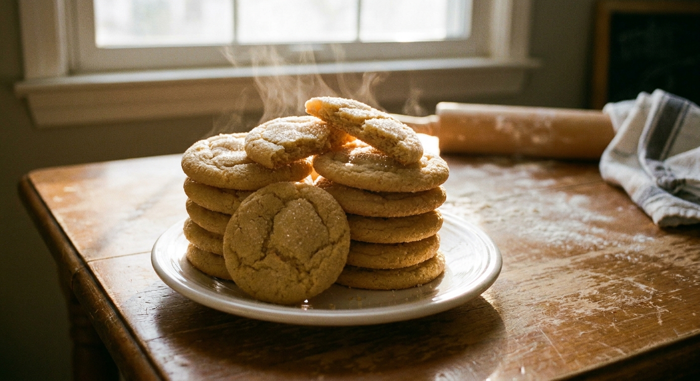 A stack of freshly baked sugar cookies on a white plate on a kitchen table, with a few cookies slightly cracked on top and warm afternoon light