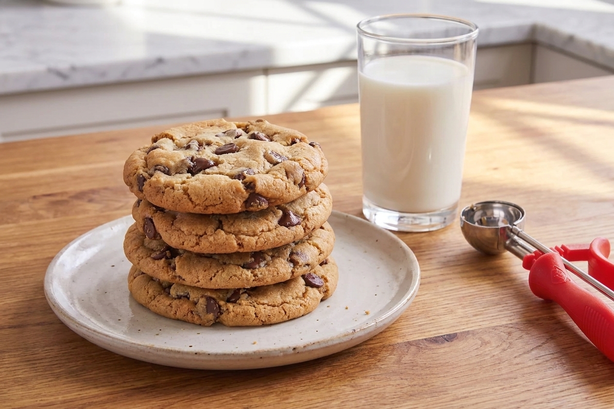 A stack of golden brown chocolate chip cookies on a ceramic plate on a wooden kitchen table with a glass of milk nearby