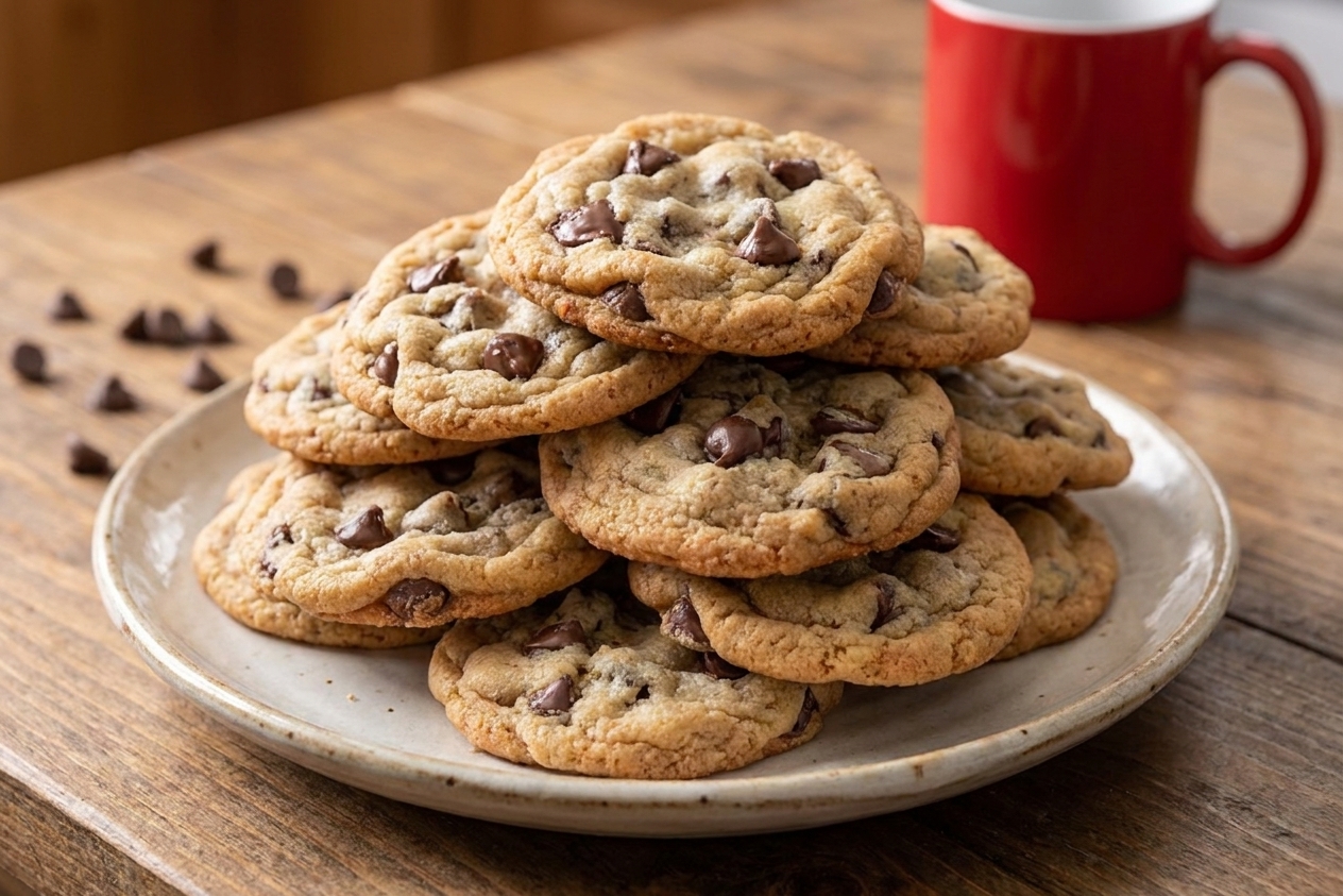 A stack of thick, chewy chocolate chip cookies on a ceramic plate on a wooden table