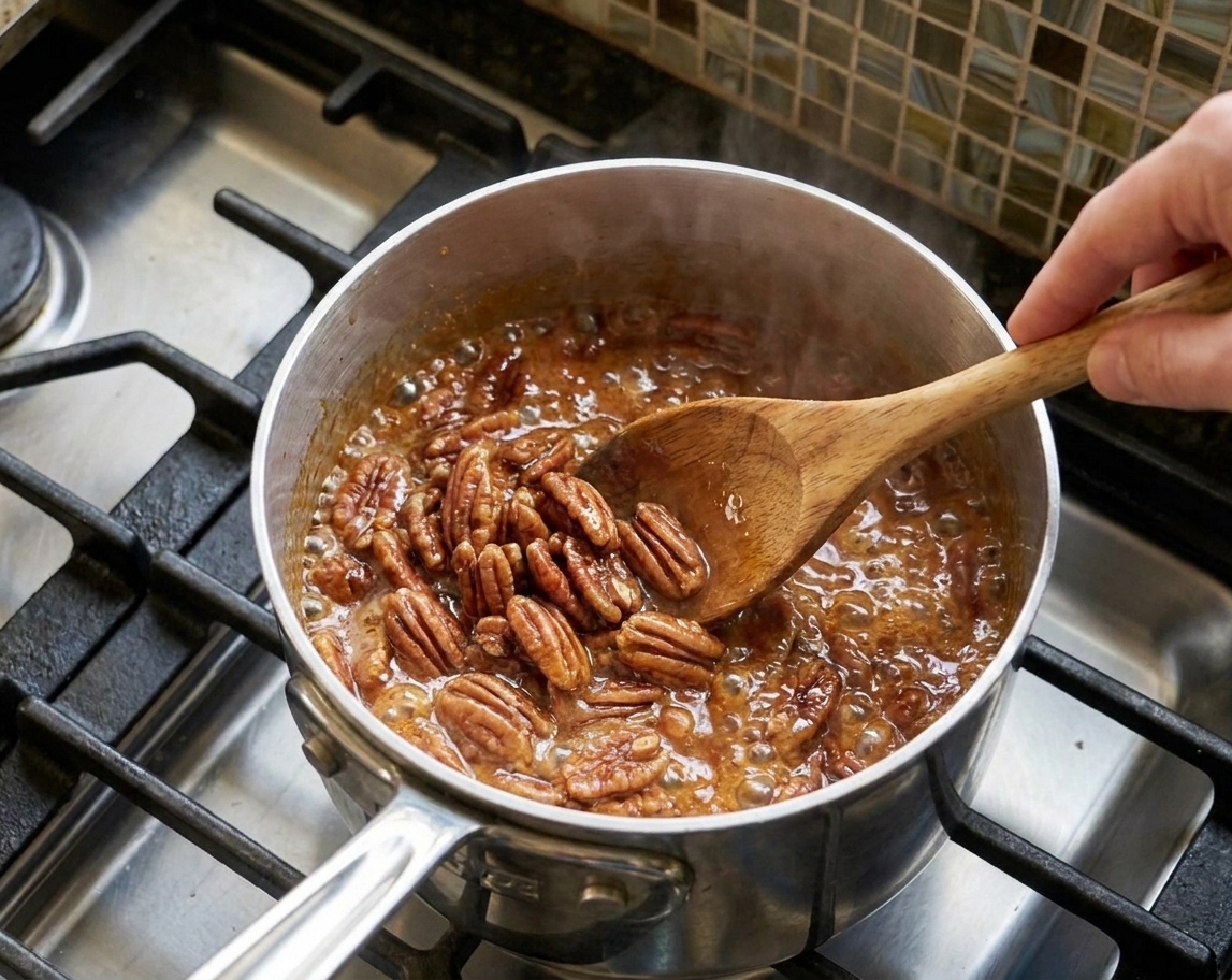 A stainless saucepan with caramel bubbling as pecans are stirred through the mixture