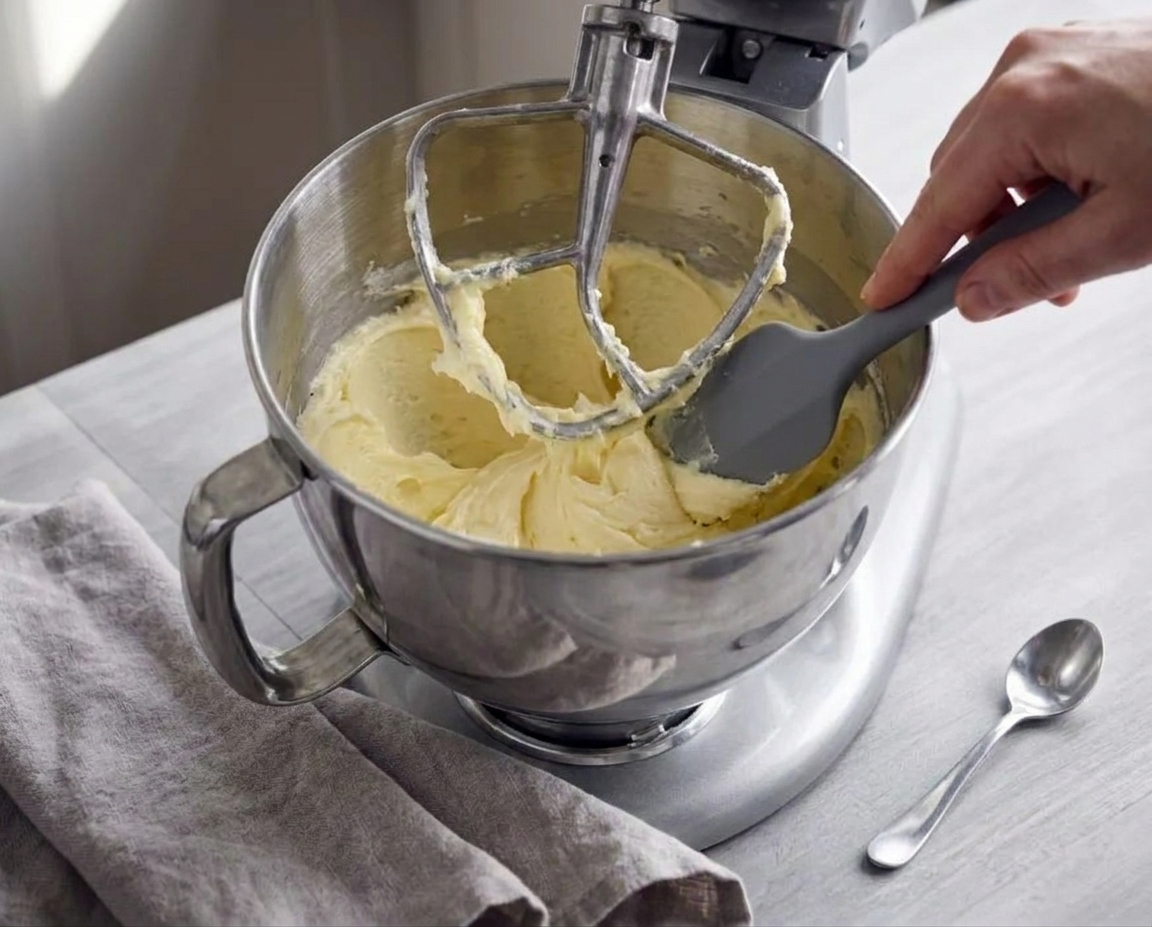 A stand mixer bowl with buttercream being mixed with a paddle attachment while a rubber spatula scrapes down the sides