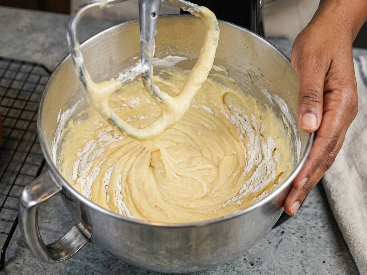 A stand mixer bowl with pale cake batter being mixed, with flour just incorporated around the sides