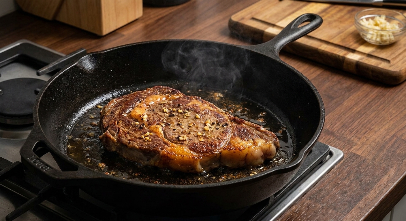 A steak searing in a cast iron skillet with browned edges and a wisp of steam rising from the pan