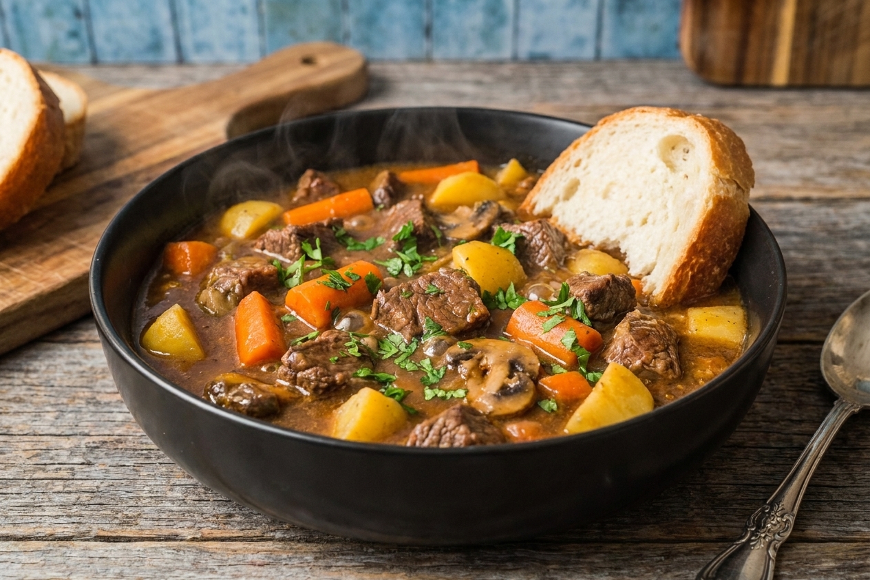 A steaming bowl of beef stew with tender beef chunks, carrots, potatoes, and a glossy brown gravy, garnished with chopped parsley on a wooden table