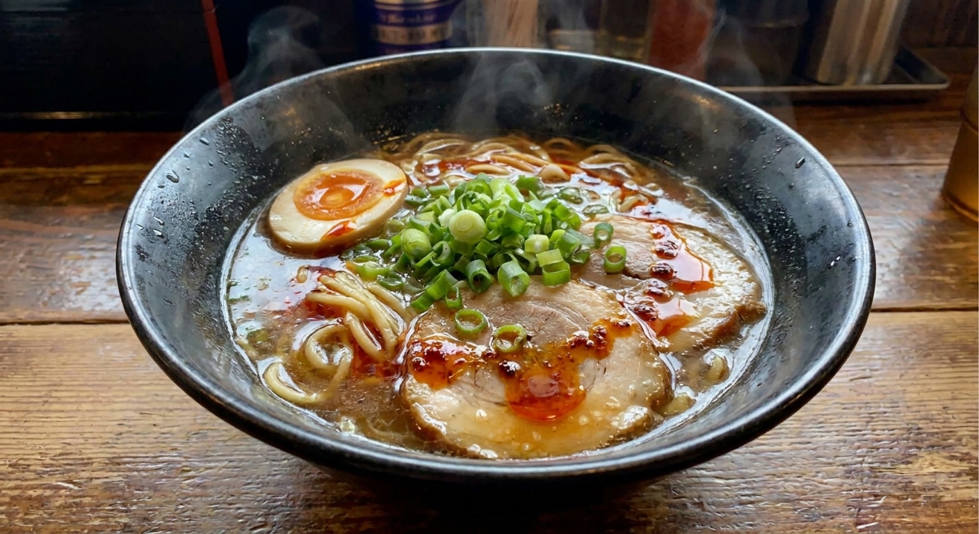 A steaming bowl of rich shoyu ramen with springy noodles, sliced chashu-style pork, soft jammy egg, scallions, and a drizzle of chili oil on a dark ceramic bowl