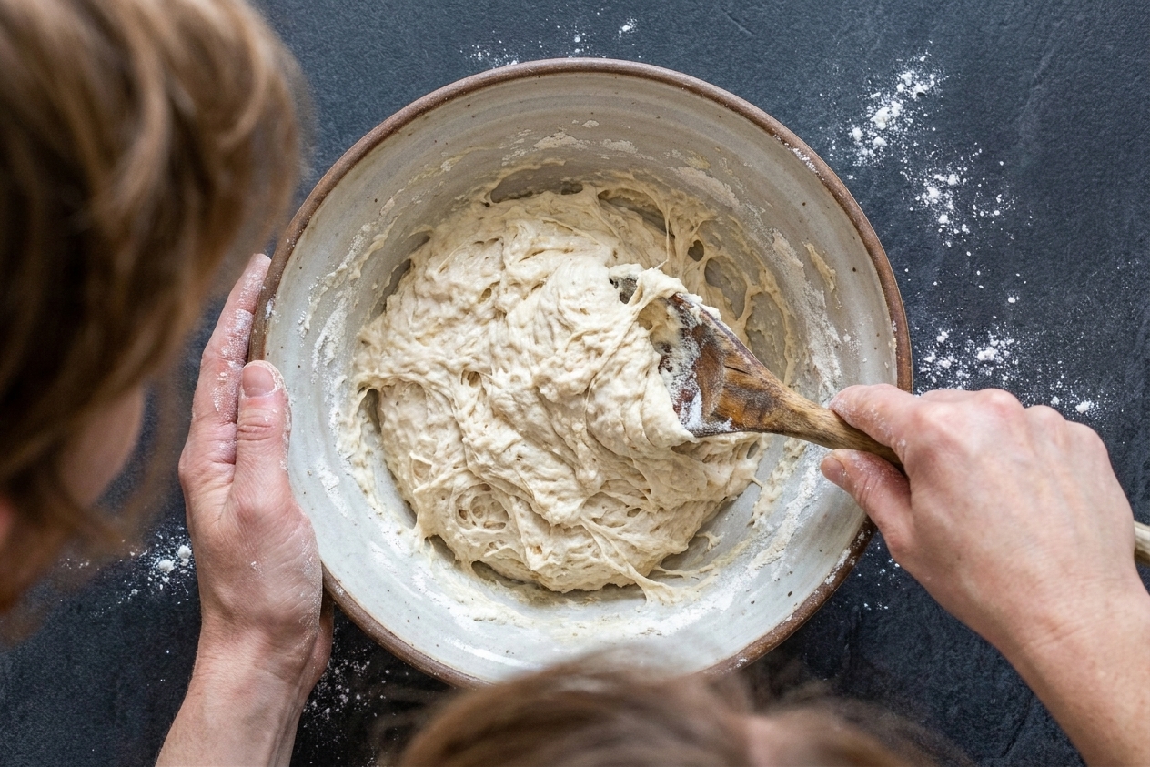 A sticky shaggy bread dough being mixed in a large bowl with a wooden spoon