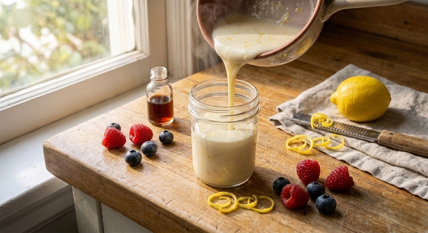 A stream of pale citrus-scented condensed milk being poured from a saucepan into a glass jar on a kitchen counter