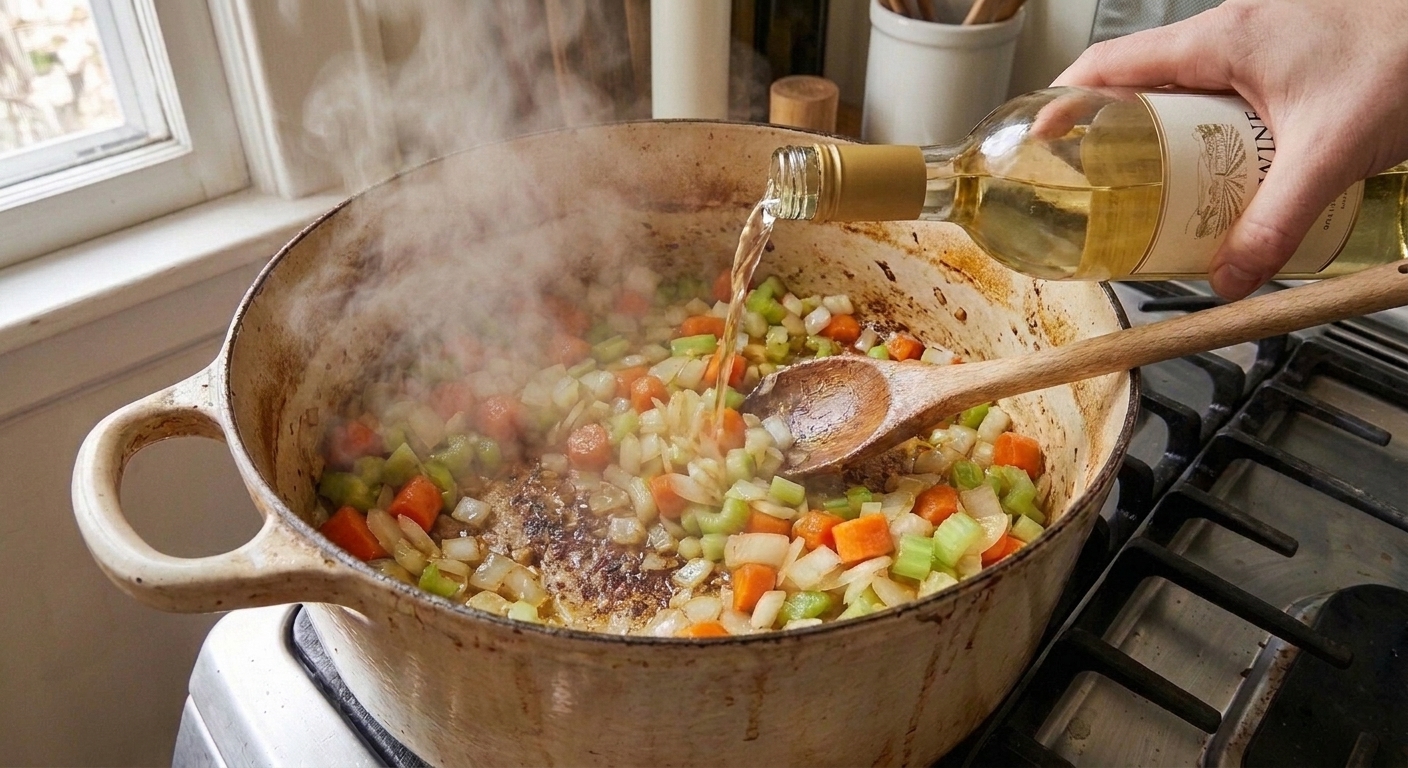 A stream of white wine being poured into a hot Dutch oven to deglaze browned bits, with steam rising