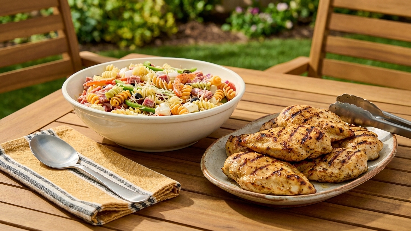 A summer outdoor table setting with a bowl of Italian dressing pasta salad next to grilled chicken on a platter, napkins, and serving utensils