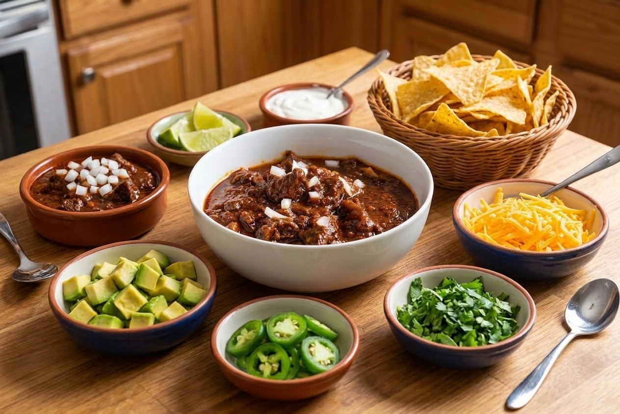 A table set with bowls of chili toppings like avocado, jalapeño, cilantro, shredded cheese, and tortilla chips