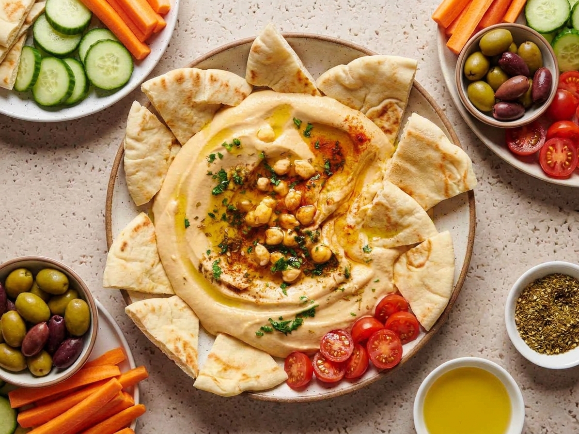 A table setting with a large platter of hummus surrounded by warm pita wedges, cucumber slices, carrots, olives, and cherry tomatoes