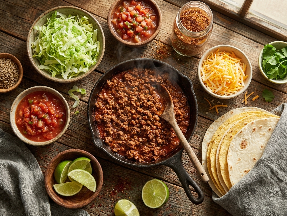 A taco night table spread with bowls of shredded lettuce, salsa, cheese, lime wedges, and tortillas arranged around a skillet