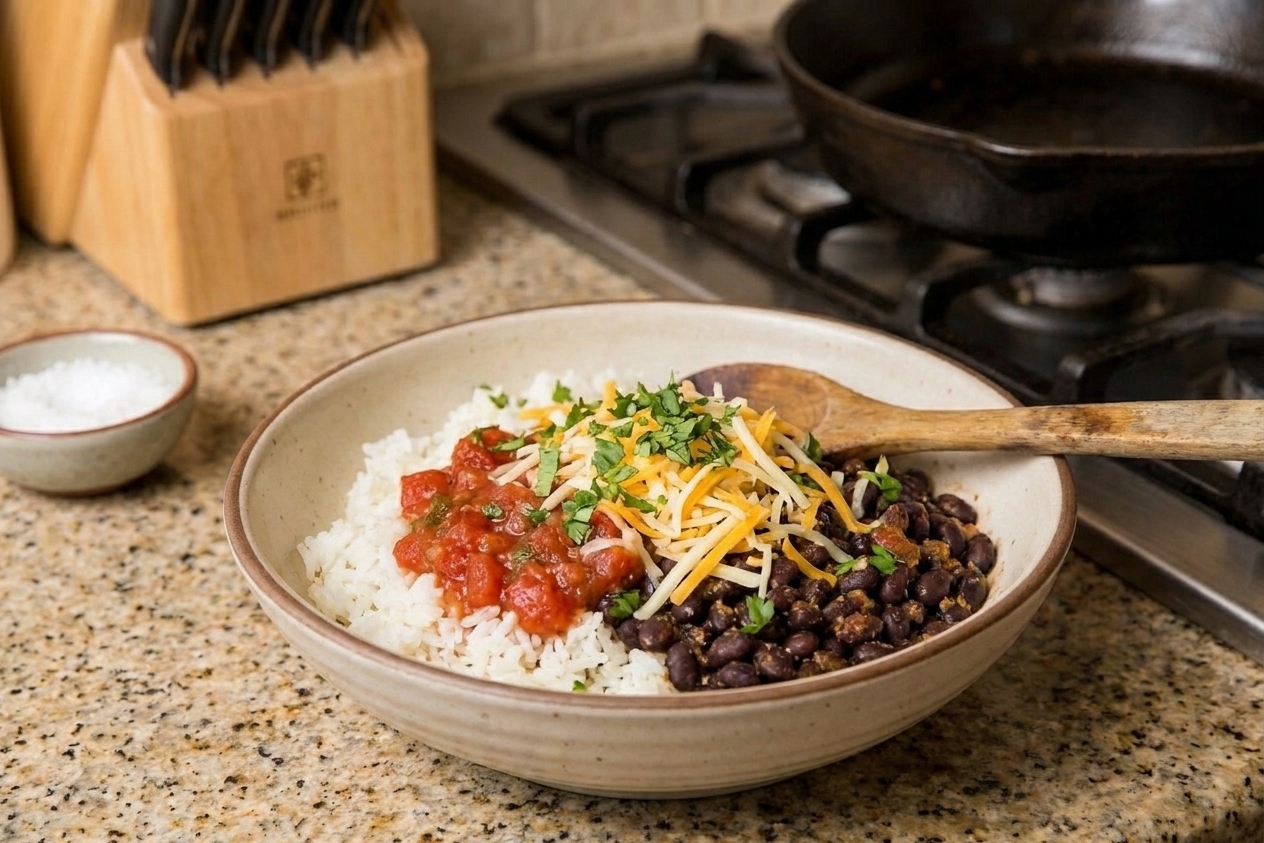 A taco-style bowl with seasoned black beans, rice, salsa, shredded cheese, and chopped cilantro in a ceramic bowl