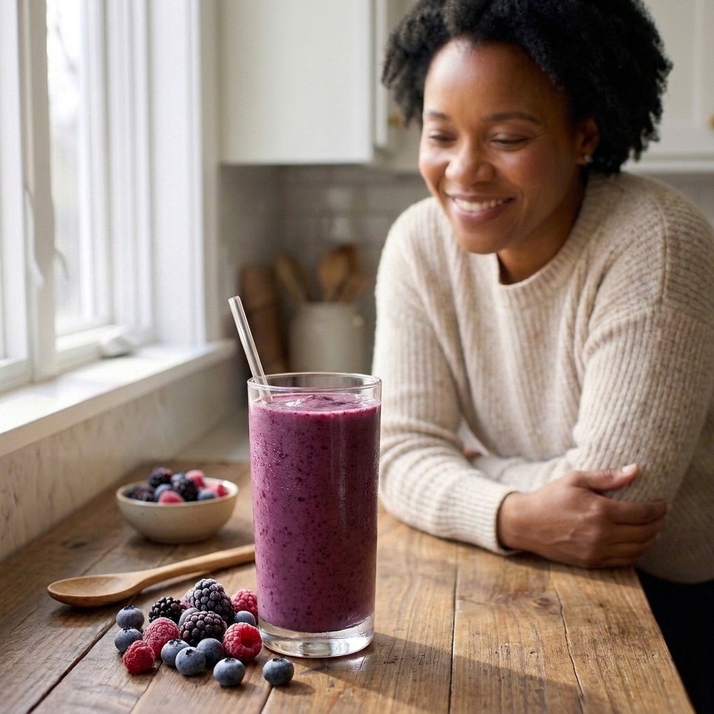 A tall glass of deep purple berry kefir smoothie on a kitchen counter with a handful of frozen berries nearby