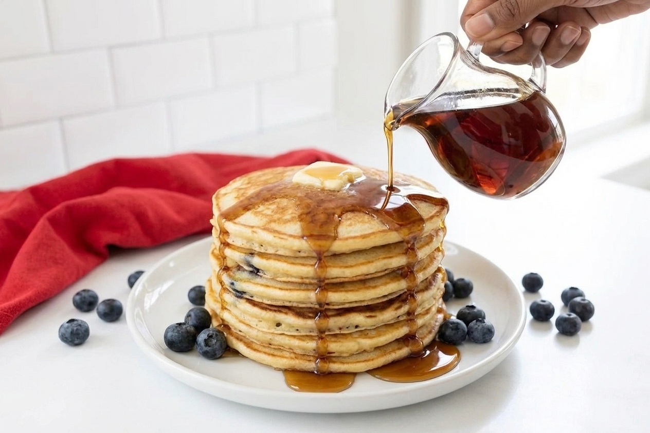 A tall stack of fluffy pancakes on a ceramic plate with maple syrup being poured over the top on a breakfast table