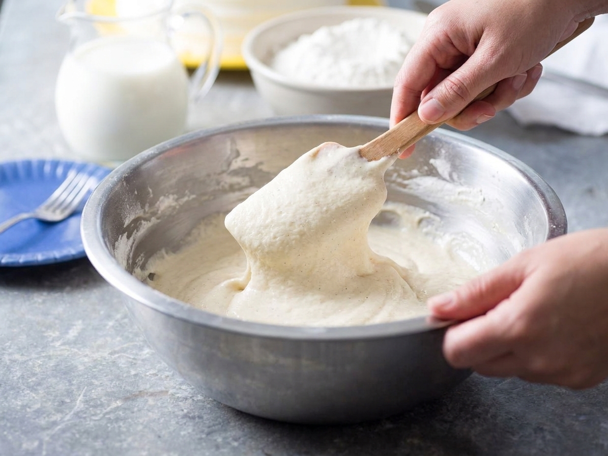 A thick pale vanilla cake batter being folded with a spatula in a large mixing bowl